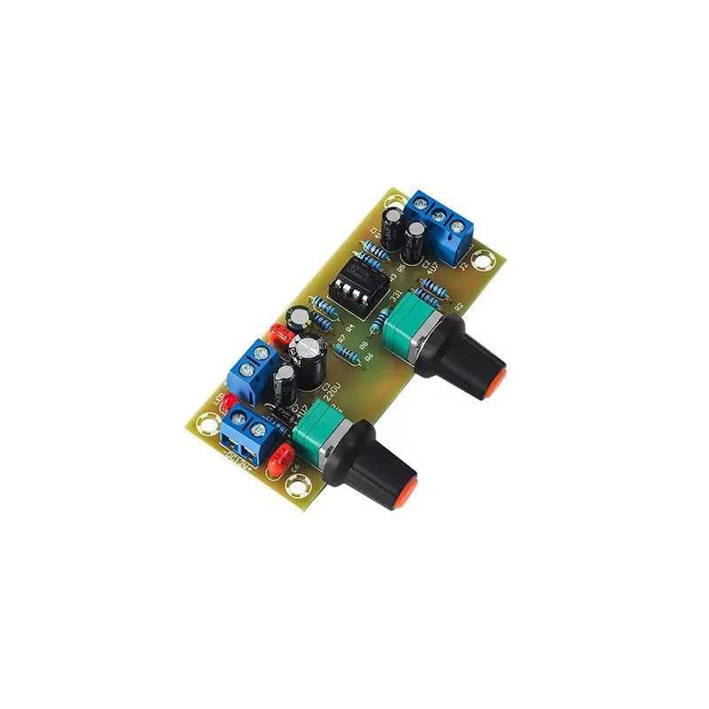 Single power supply 10-24V super dynamic bass boost front stage audio circuit board on a green FR-4 PCB.