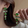 Geometric green gradient earrings with zircon inlay and tassel drops, Chinese style design