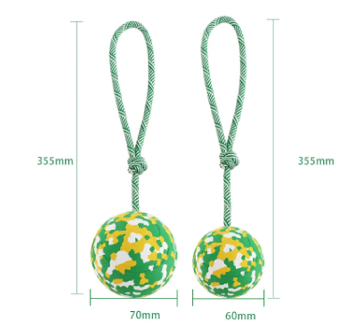 Natural rubber dog ball attached to a nylon rope for fetch and tug of war play.