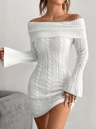 Women's polyester sweater dress with ribbed pencil skirt, boat neck, flared long sleeves, elastic waist, in khaki
