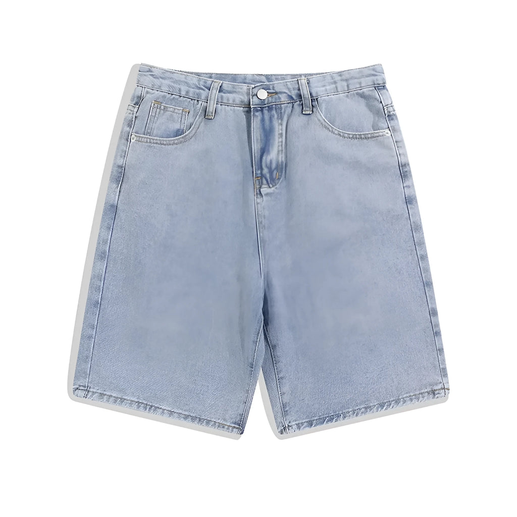 Men's light blue denim shorts with a straight-leg cut and five-point design on a mid-waist.