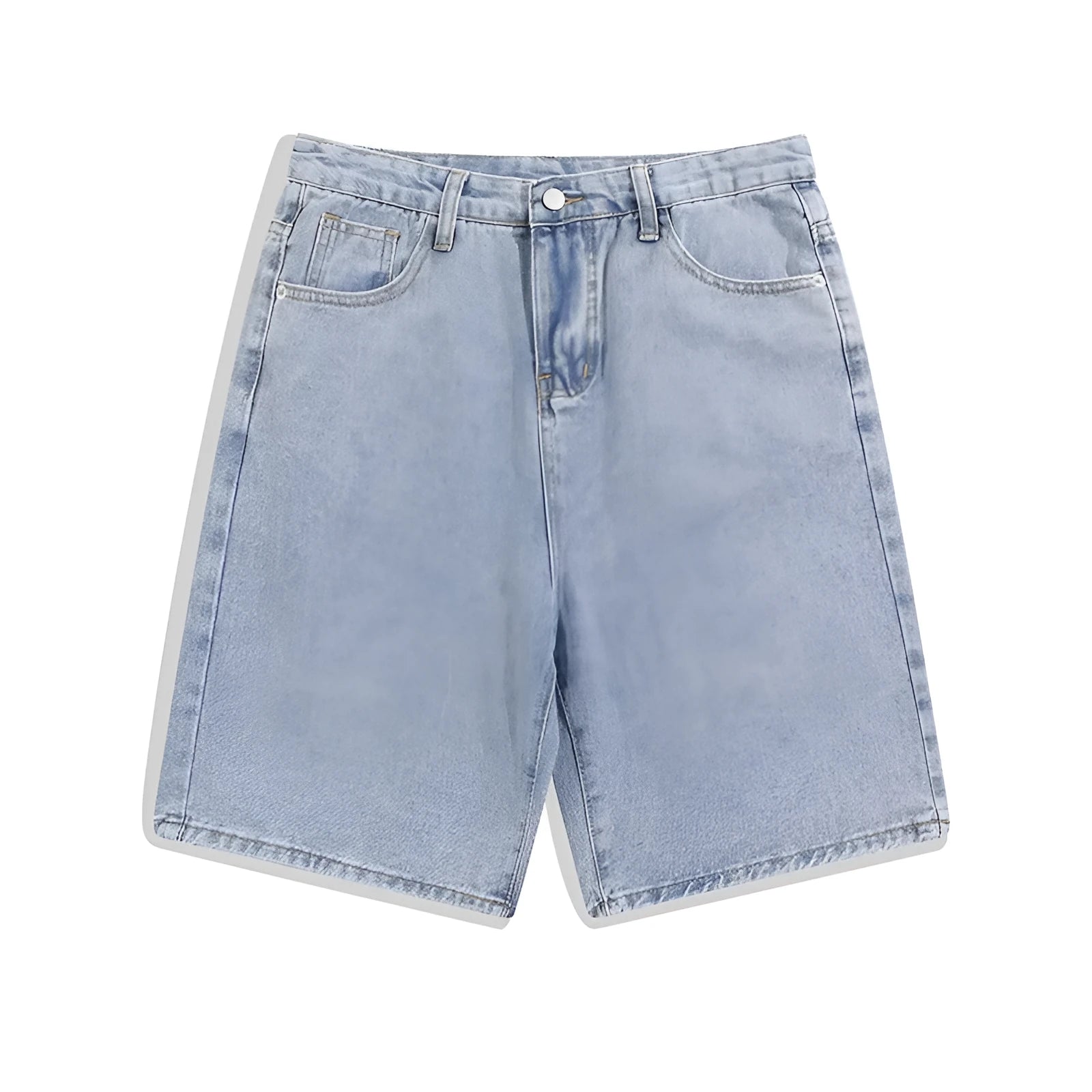 Men's light blue denim shorts with a straight-leg cut and five-point design on a mid-waist.