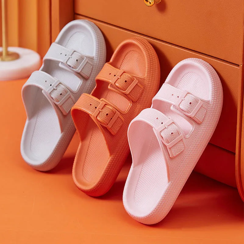 Women's summer platform slippers with buckle fastening, EVA sole, in black colour, side view