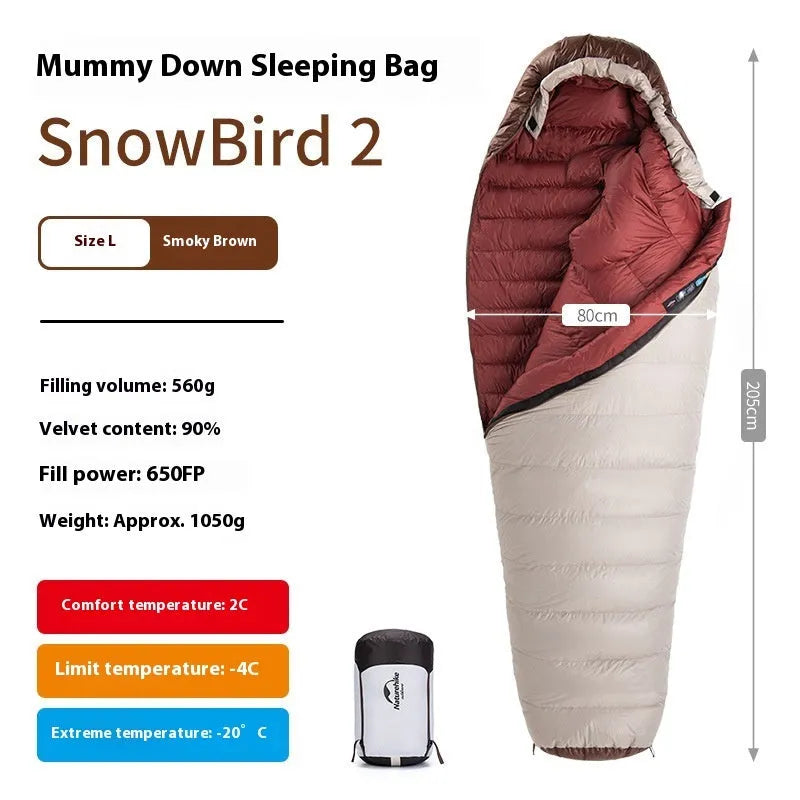 Goose down mummy sleeping bag for adults in Snowbird colour with storage bag
