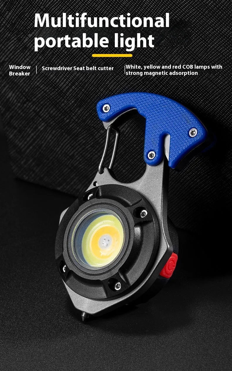Portable multifunctional keychain flashlight with aluminium body, display screen, and window breaking hammer tip.