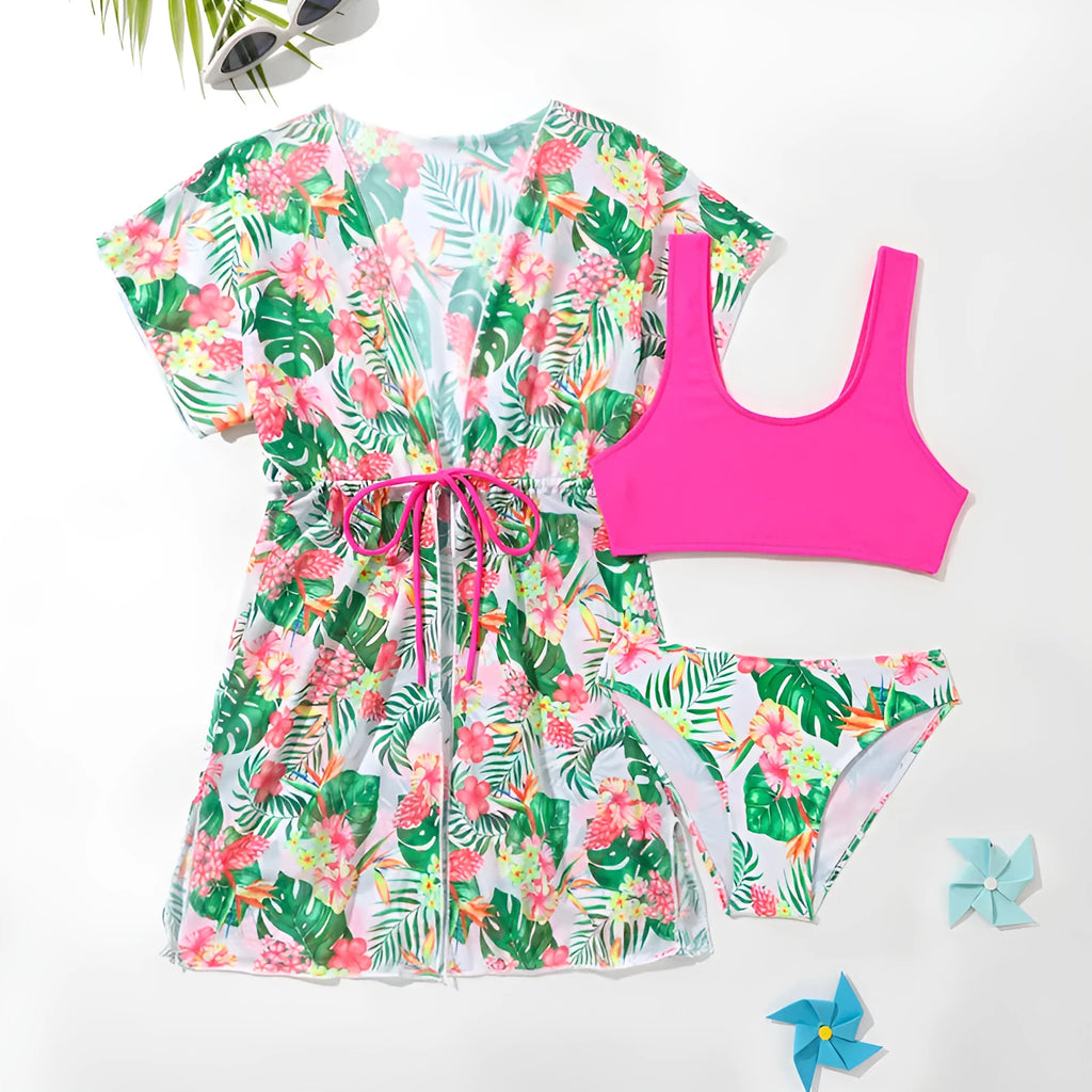 Girls' floral two-piece swimsuit in Korean-style design for swimming sports, sizes 130-160cm.