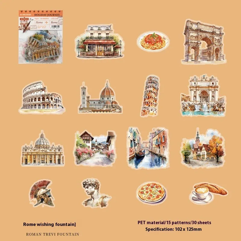 Retro-style architecture journal stickers showing designs of Big Ben, Arc de Triomphe, and other global landmarks.