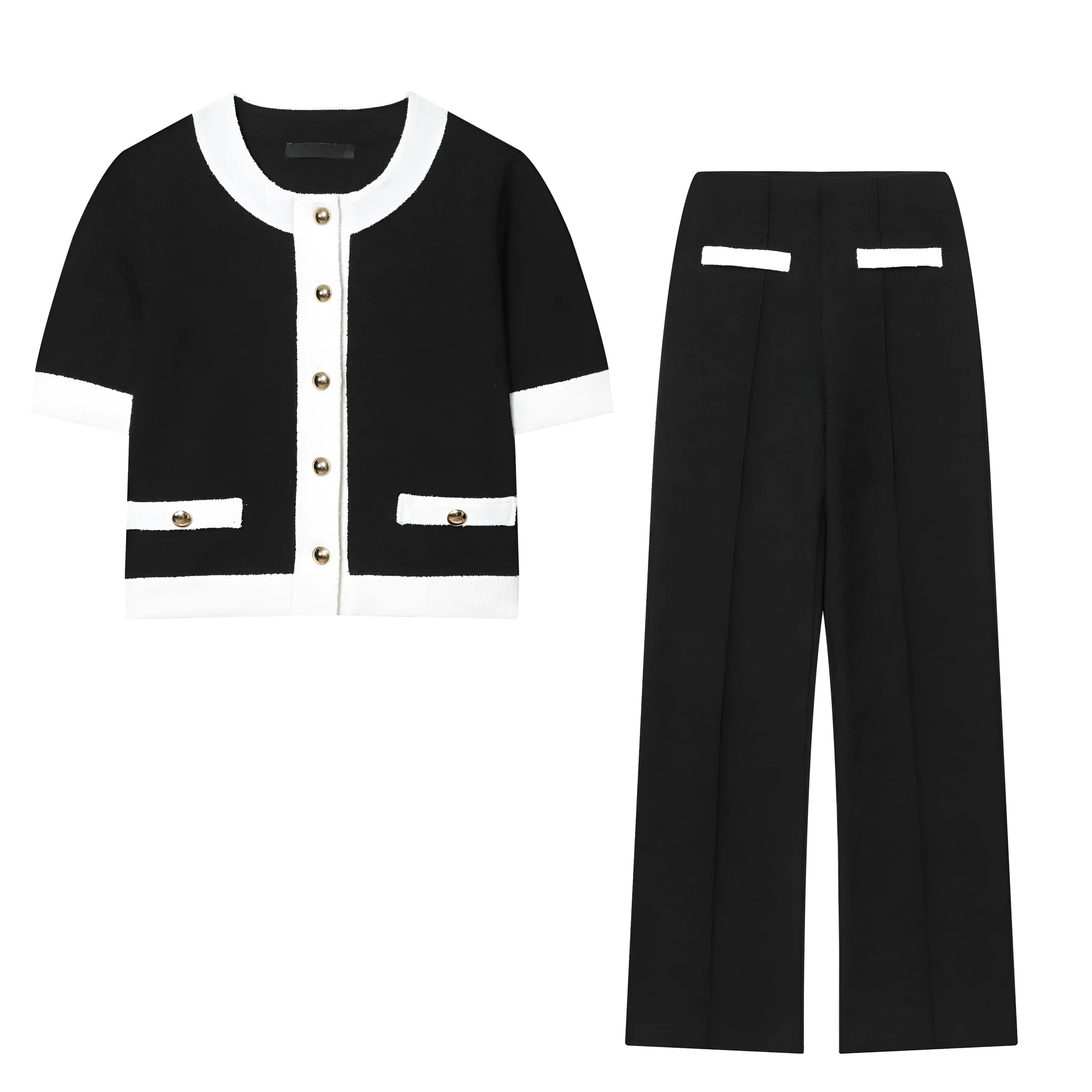 Women's street fashion suit with beaded leather top and high-waisted stretch trousers