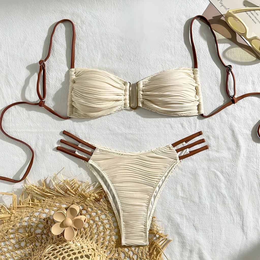 Women's polyester three-point bikini set in khaki with striped pattern, front view