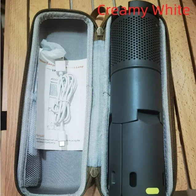 Portable LED camping light with battery power and button switch in off white or dark grey colour