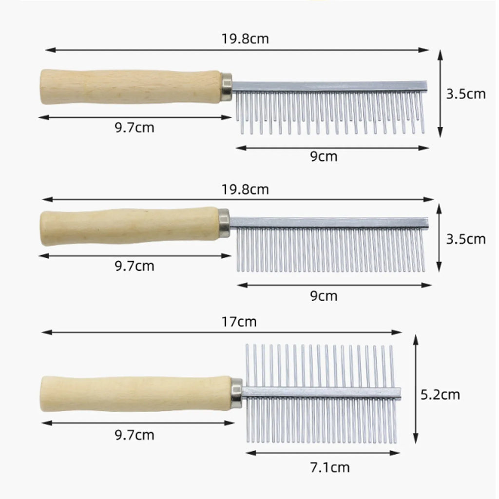Wooden handled pet grooming comb with round-tipped teeth, shown next to a dog.