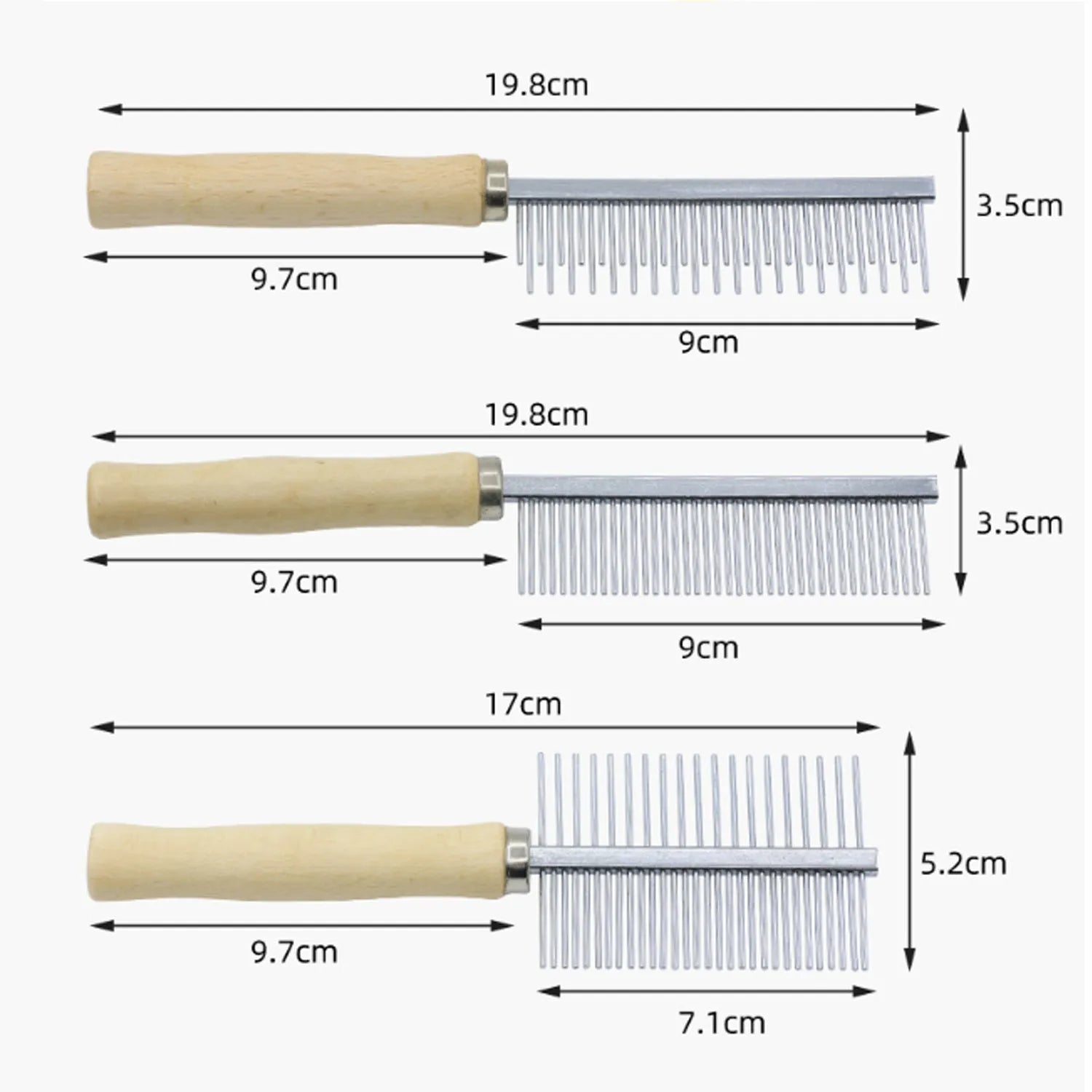 Wooden handled pet grooming comb with round-tipped teeth, shown next to a dog.