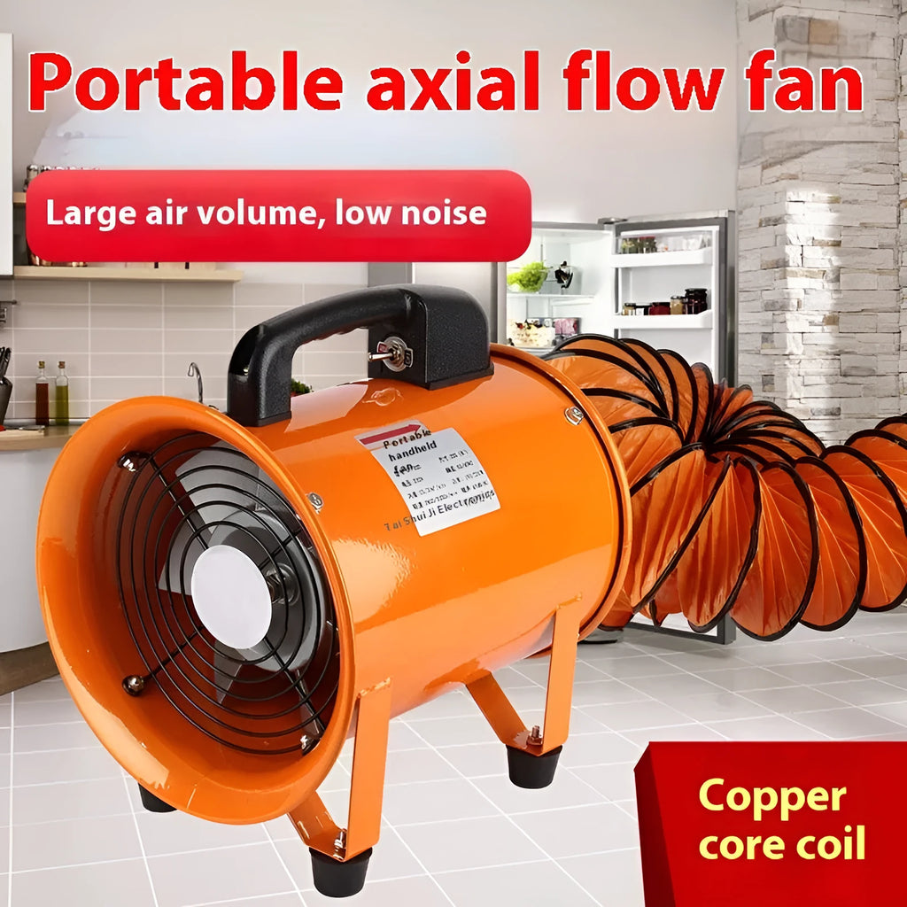 8-inch industrial axial flow fan with titanium steel blades and 5-metre flexible duct for dust removal