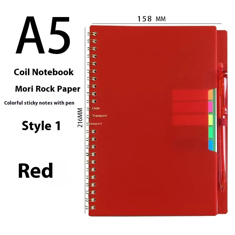 Reusable erasable coil notebook with stone paper, shown with a pen and available in multiple cover colour options.