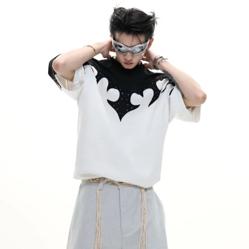 Men's grey cotton t-shirt with three-dimensional stitching and burnt flower rhinestone design on front