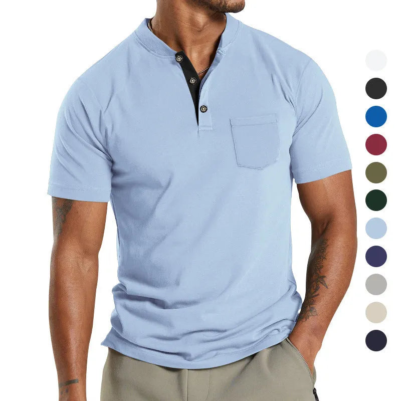 Plus size man modelling a solid colour short sleeve shirt with a chest pocket.