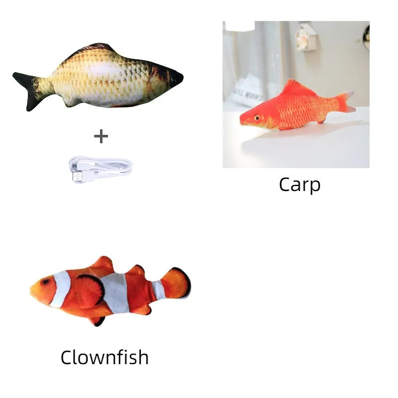 Multicolor USB rechargeable electric jumping fish cat toy measuring 30cm long