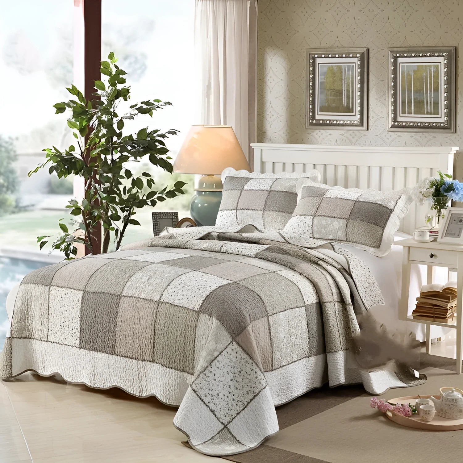 Washed pure cotton quilted bedspread and pillowcase set in a Korean style, showing textured non-slip surface.