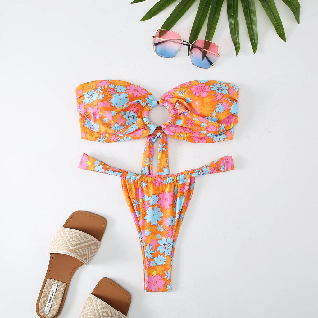 Women's floral print tube top ring bikini swimsuit with backless briefs design