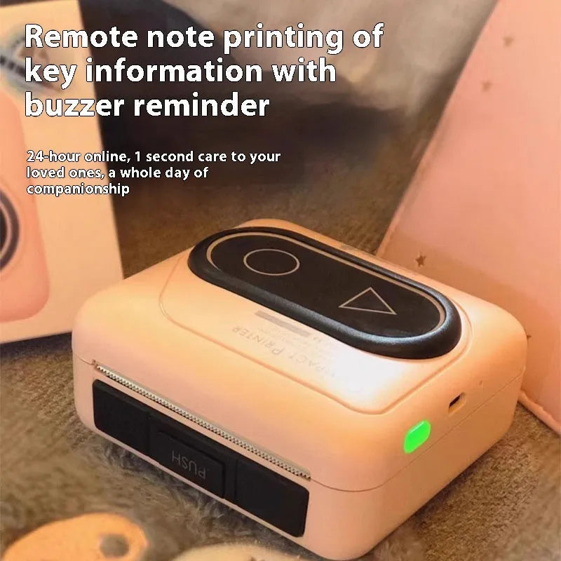 Bluetooth mini thermal printer in avocado green, pink, yellow duck, or white colours showing 87mm compact size
