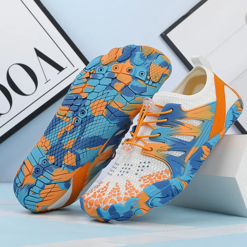Men's and women's quick-drying wading beach shoes with mesh upper, non-slip rubber sole, and front lace-up design in multiple colours