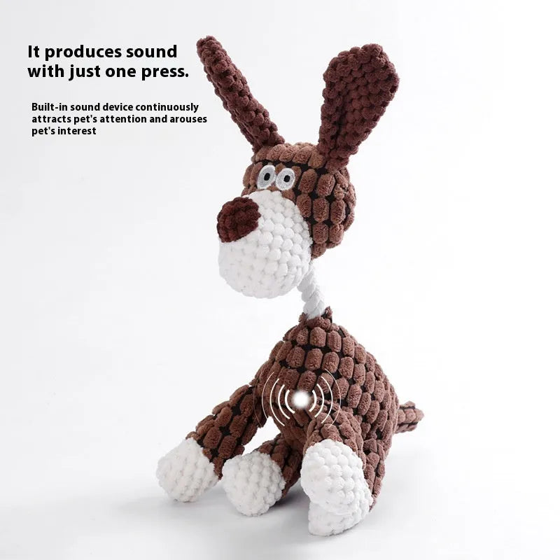 Assortment of soft plush pet toys including a rechargeable duck, a donkey, and companion animals for puppy teething.
