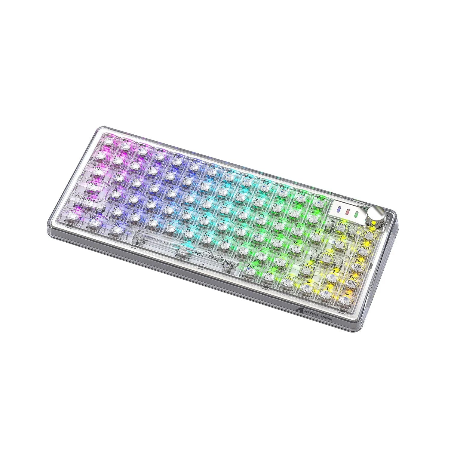 Attack Shark K75RGB wireless mechanical keyboard with transparent PC case showing RGB lighting
