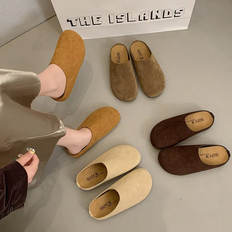 Korean style square toe outdoor slippers in apricot colour with a microfiber upper and PU sole.