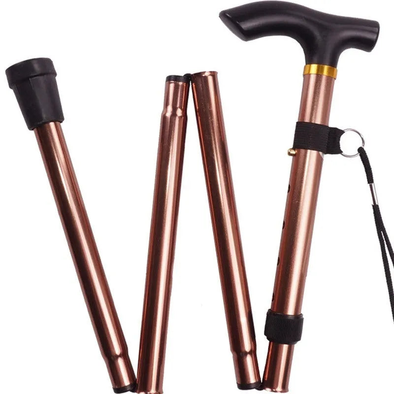 Aluminium folding walking stick extended to show adjustable height and rubber tip
