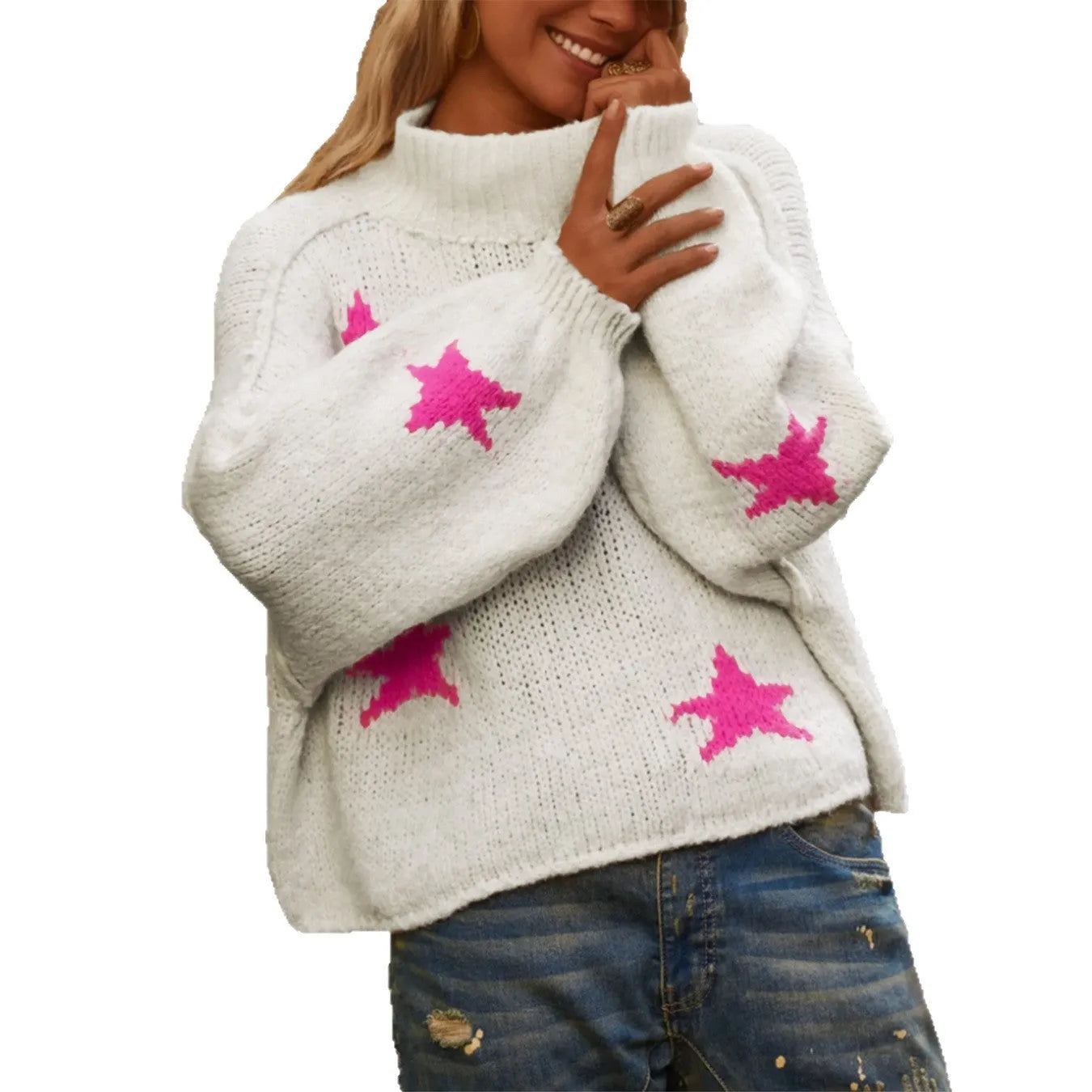 White women's loose turtleneck pullover sweater with five-pointed star pattern