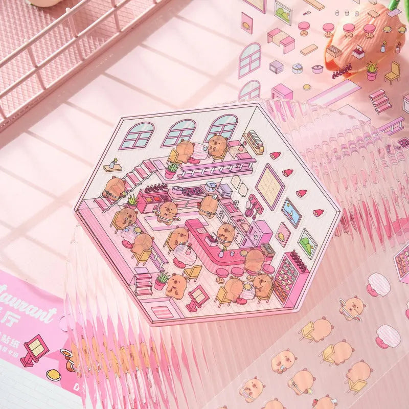 Set of eight Capabala cut-free 3D cartoon shop stickers showing bakery, bookstore, and flower shop designs.