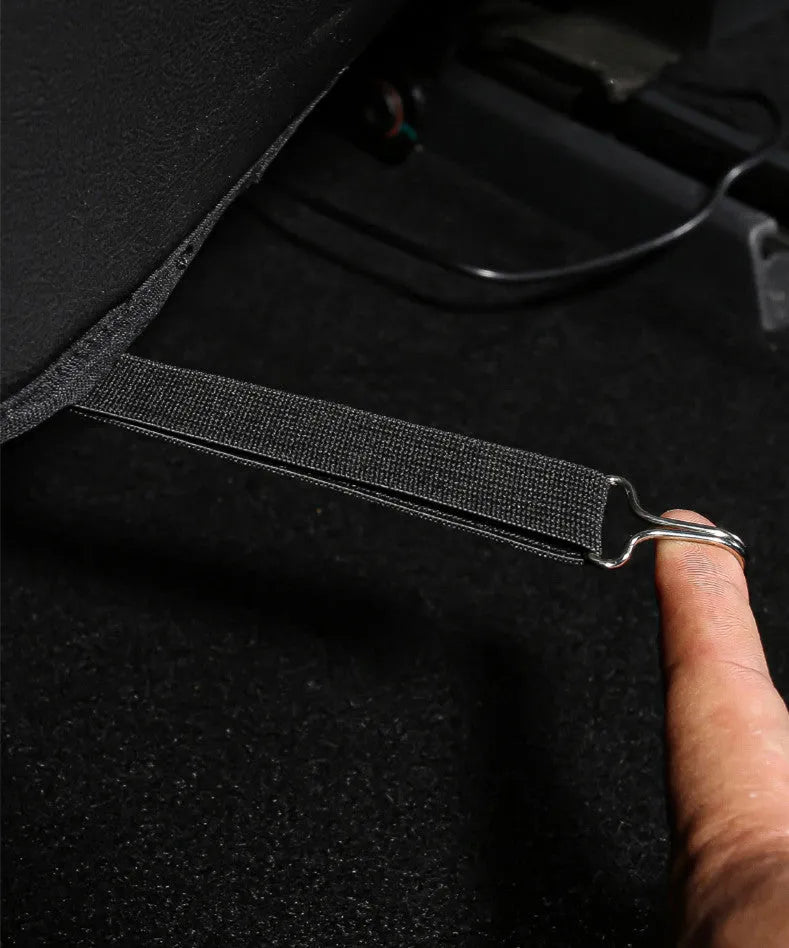 Black leather anti kick pad for car seat back protection, showing single pocket.