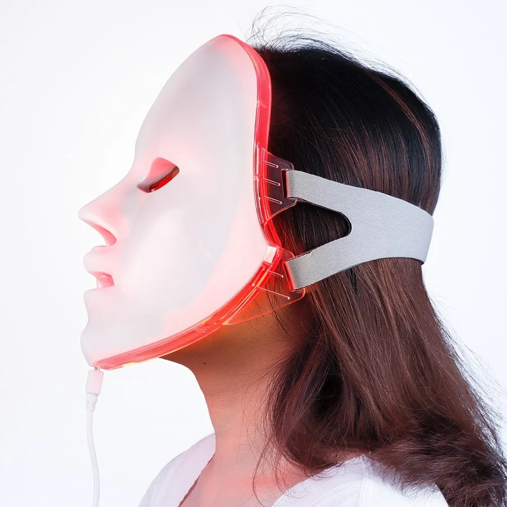 Seven colour LED photon rejuvenation skin mask with 330 lights and ABS construction on a white background