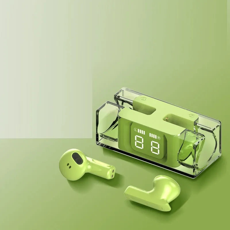 E90 model wireless sports earbuds in black, green, purple, or white colours with earplug design.