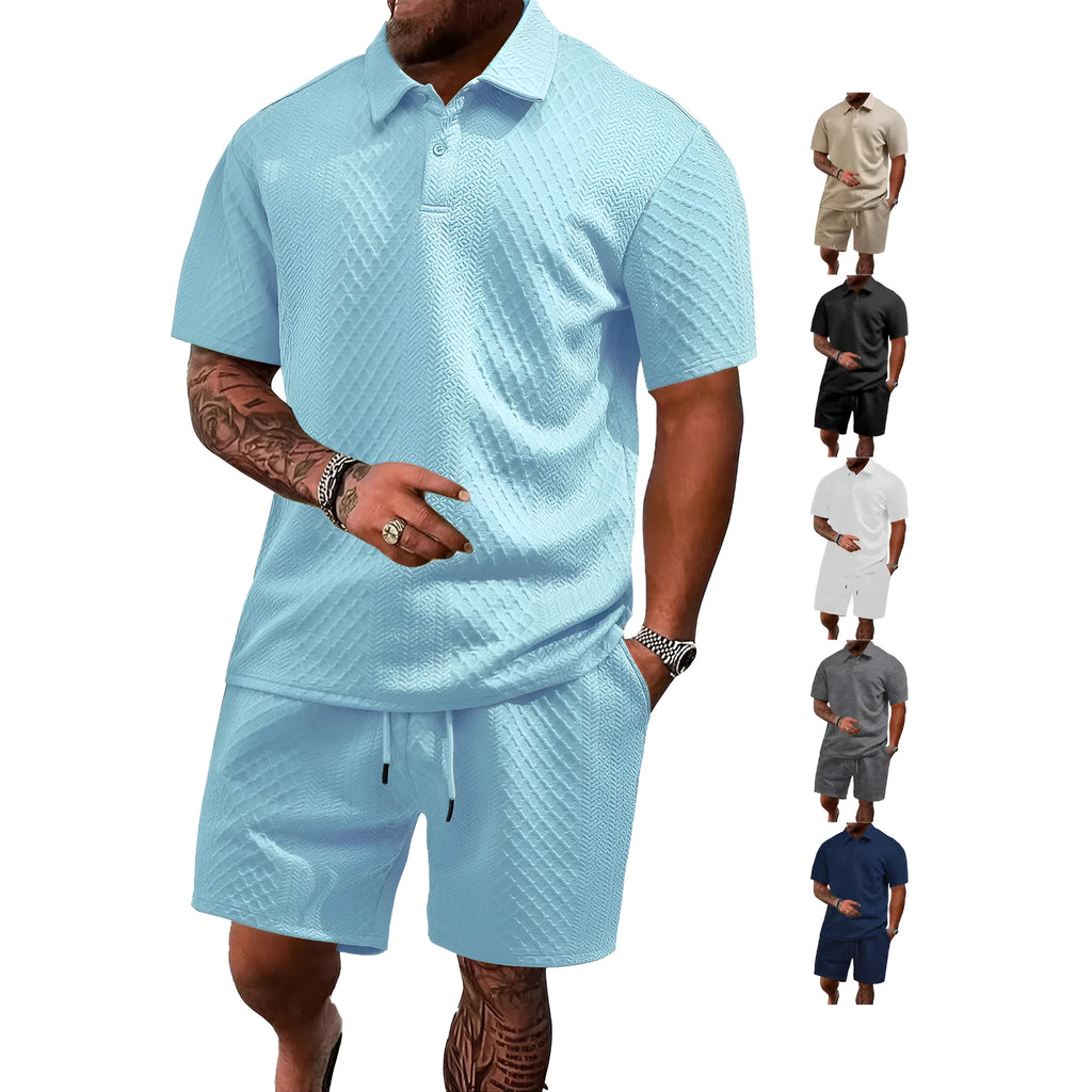Men's patterned polyester casual suit set with short sleeve polo top and matching trousers