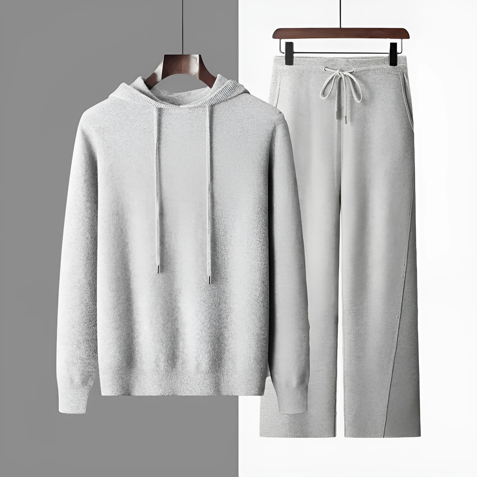 Men's casual two-piece set: seamless wool hoodie with drawstring and matching pants in black, dark gray, and light gray