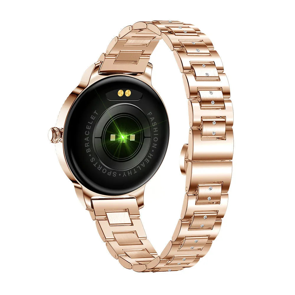 AK38 ladies smart watch with stainless steel Milanese band and 1.09-inch colour screen displaying time