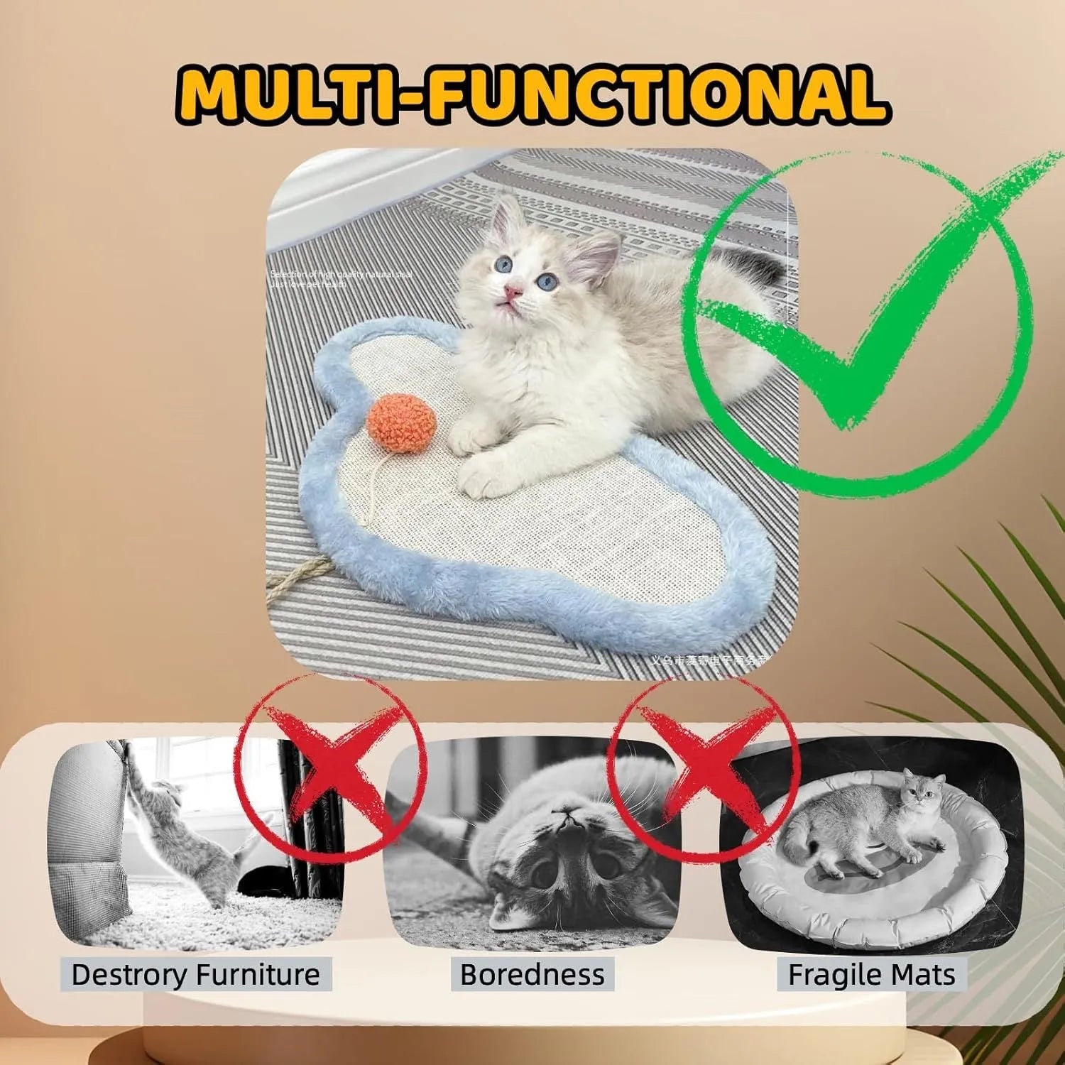 White natural sisal cat scratching mat with cartoon sleeping cat design, wall mounted