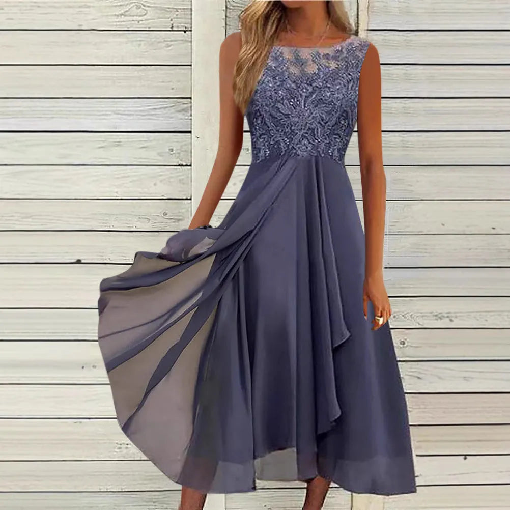 Women's sleeveless chiffon dress with hollow-out lace stitching in green colour