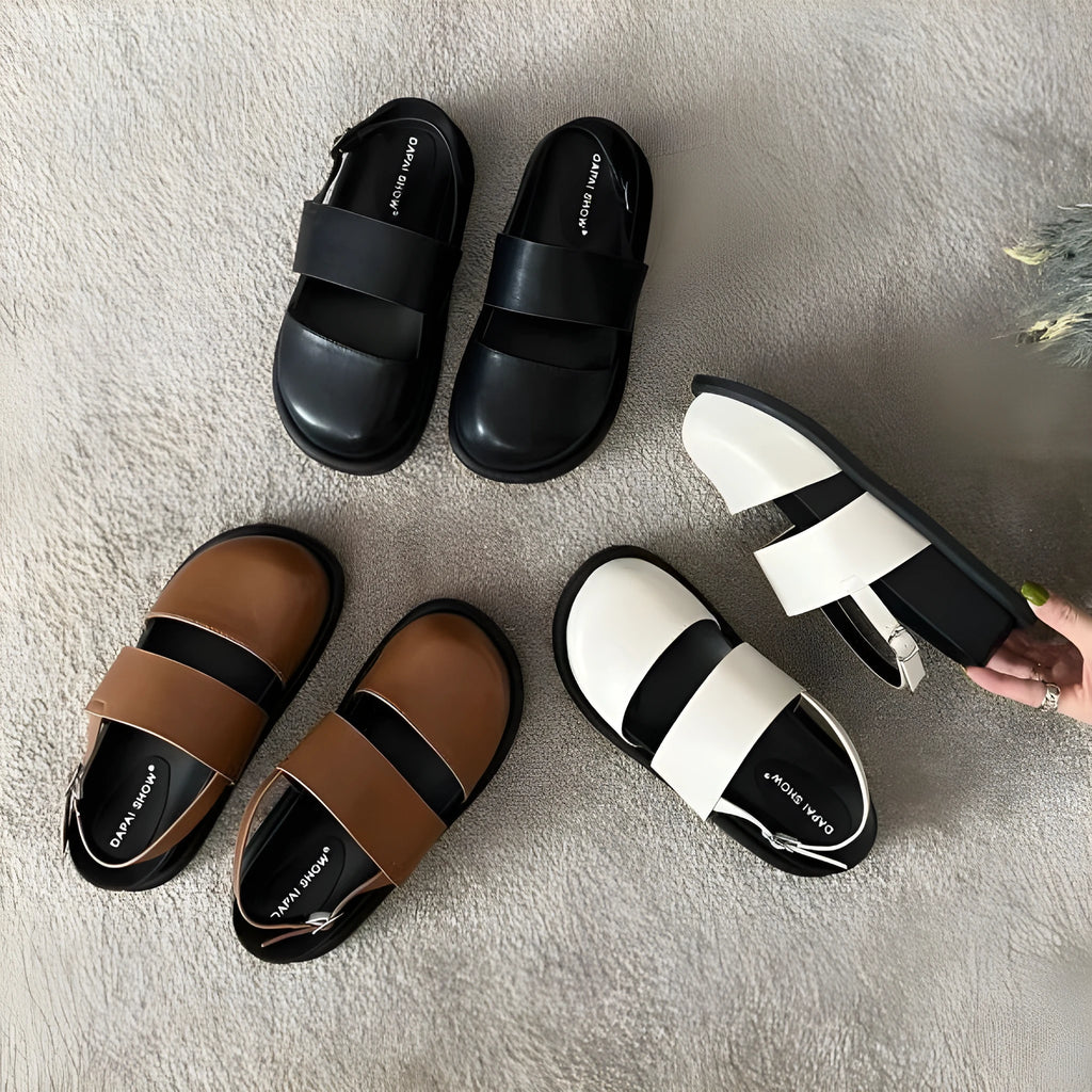 Retro raise the bottom closed toe sandals with ankle-strap buckle in apricot colour