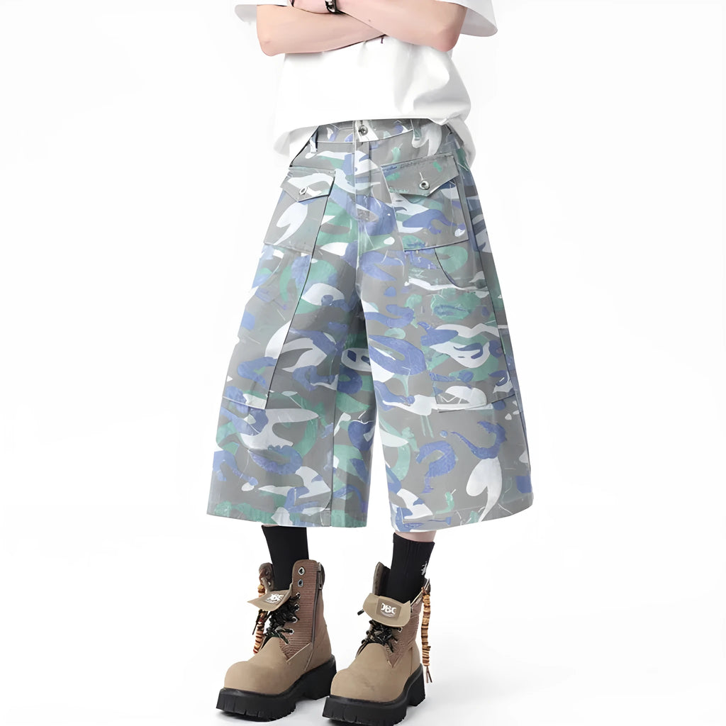 Camouflage colour cotton cropped work trousers with a straight leg and front pocket