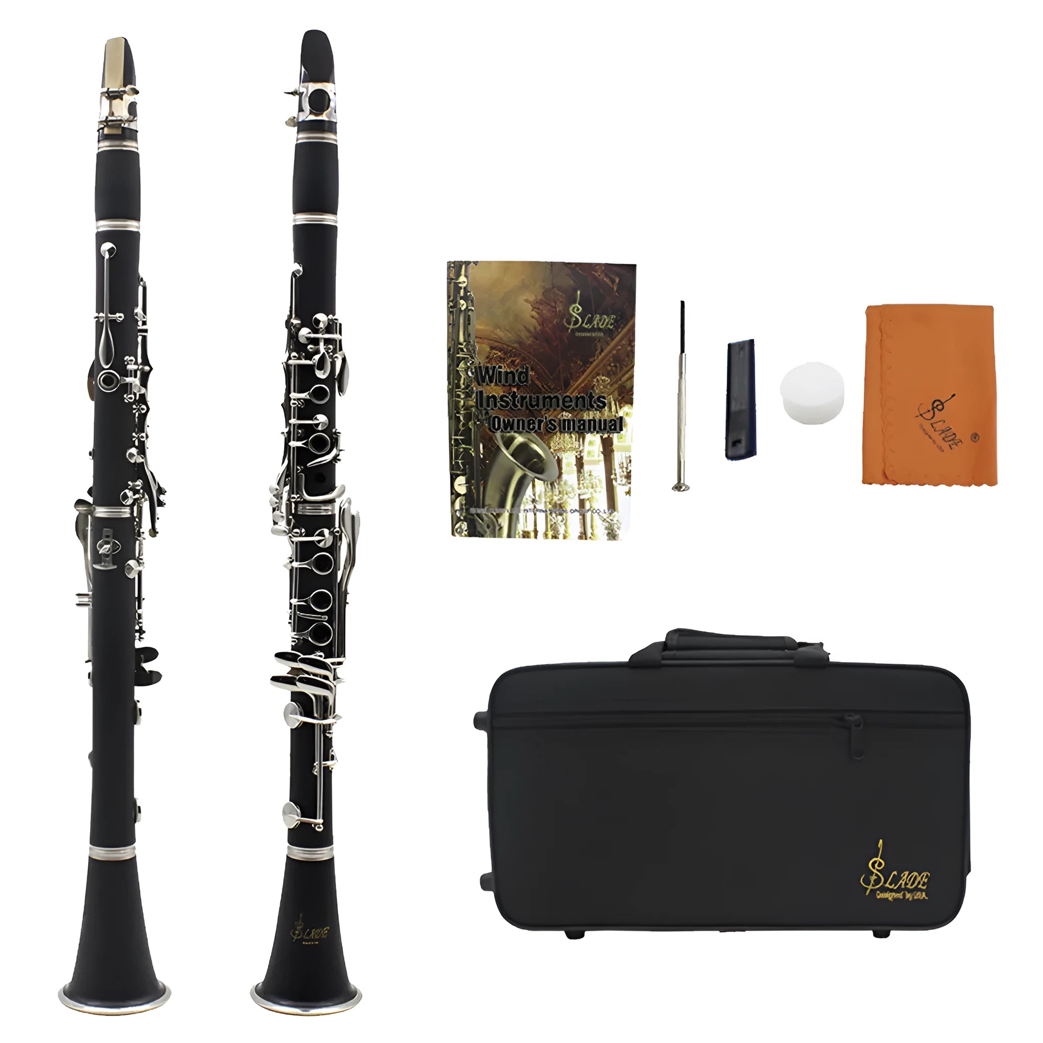 Black bakelite beginner clarinet with nickel keys and carrying bag for student musicians