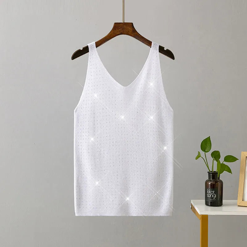 Ice silk knitted bright thread diamond-encrusted V-neck camisole in slim fit, shown in multiple colours including black, white, pink, and khaki