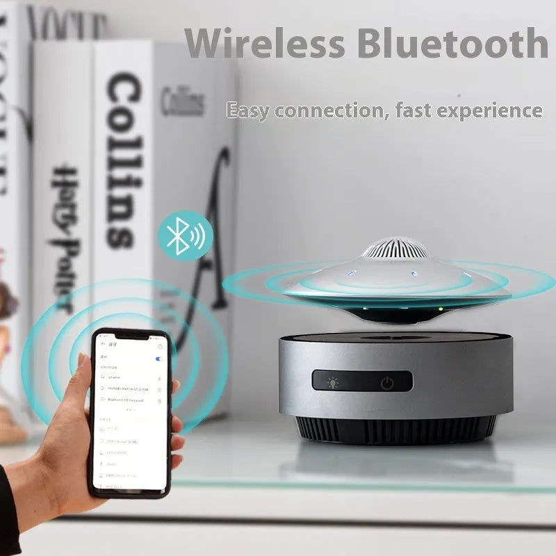 Magnetic levitation Bluetooth speaker with a floating glowing sphere above a circular base unit.