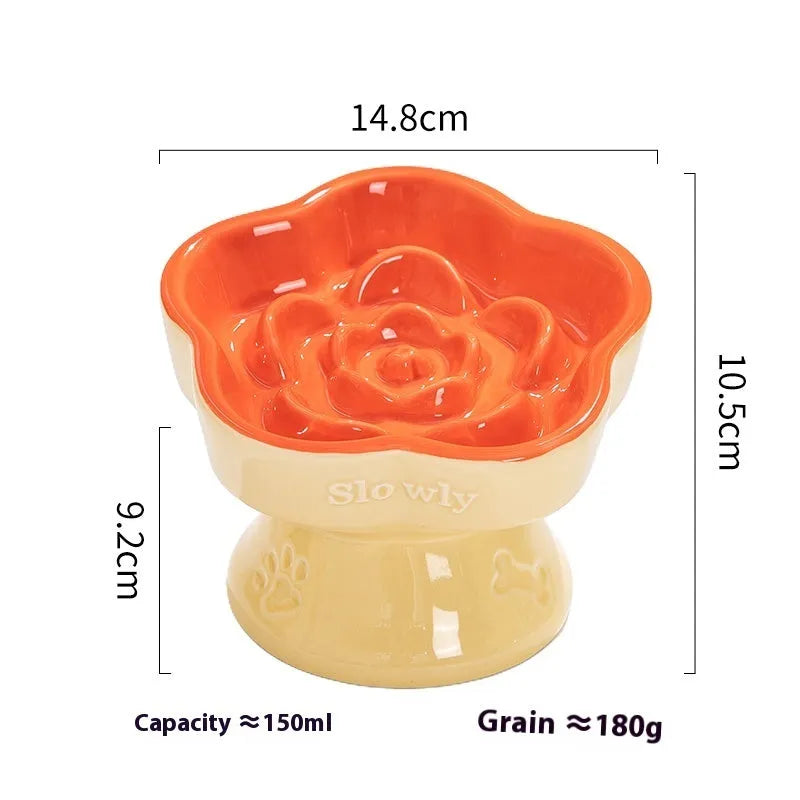 Black ceramic pet bowl with high foot and neck protector for dogs and cats