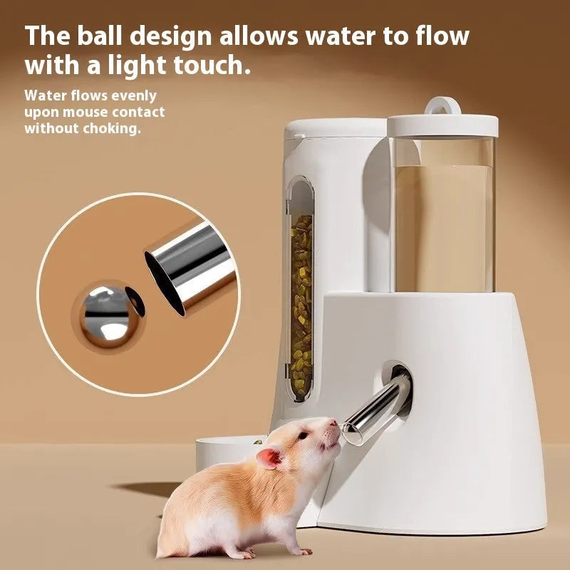 White, blue, and pink hamster automatic water feeder and food basin set on a white background.