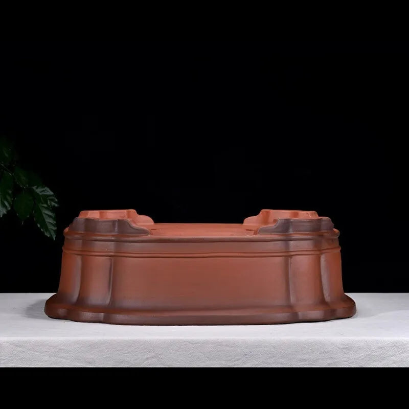 Large Chinese-style purple clay flowerpot with antique finish showing dimensions