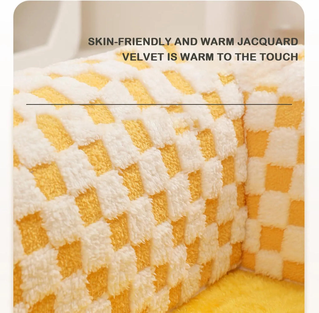 Large XL fan-shaped plush pet bed with integrated play tunnel in coffee colour, showing anti-slip base.