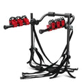 Black and red trunk-mounted bicycle rack with iron frame and choice of tie rope or pull belt straps