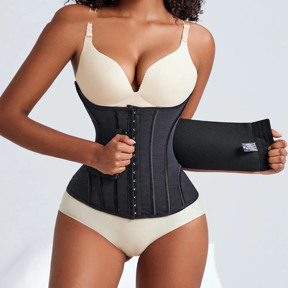 Black and apricot nylon belly band waist trainer for tummy slimming and fitness in sizes XXXS to 3XL